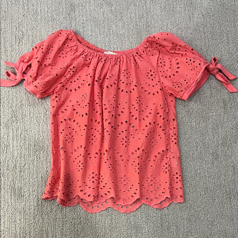 Cynthia Rowley Coral Eyelet Blouse with Puff Sleeves